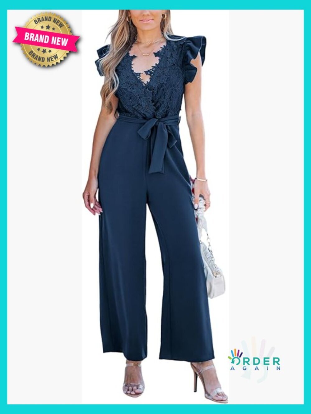 Lace V Neck Ruffle Cap Sleeve Wide Leg Jumpsuit with Belt Dressy